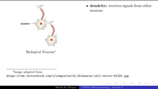 4/1
Biological Neurons∗
∗
Image adapted from
https://cdn.vectorstock.com/i/composite/12,25/neuron-cell-vector-81225.jpg
dendrite: receives signals from other
neurons
Mitesh M. Khapra CS7015 (Deep Learning) : Lecture 2
 
