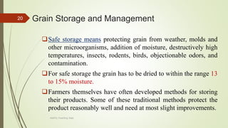 Grain Storage and Management
Safe storage means protecting grain from weather, molds and
other microorganisms, addition of moisture, destructively high
temperatures, insects, rodents, birds, objectionable odors, and
contamination.
For safe storage the grain has to be dried to within the range 13
to 15% moisture.
Farmers themselves have often developed methods for storing
their products. Some of these traditional methods protect the
product reasonably well and need at most slight improvements.
20
AASTU, Food Eng. Dept.
 