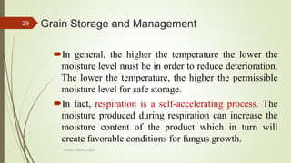 Grain Storage and Management
In general, the higher the temperature the lower the
moisture level must be in order to reduce deterioration.
The lower the temperature, the higher the permissible
moisture level for safe storage.
In fact, respiration is a self-accelerating process. The
moisture produced during respiration can increase the
moisture content of the product which in turn will
create favorable conditions for fungus growth.
29
AASTU, Food Eng. Dept.
 