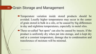 Grain Storage and Management
Temperature variation inside stored products should be
avoided. Locally higher temperatures may occur in the center
of grain stored in bulk in a silo, or be caused by big differences
in day and nighttime temperatures, especially in metal silos.
These so-called "hot spots" can also be caused by insects. If the
product is uniformly dry when put into storage, and is kept dry
and at a constant temperature, damage due to condensation and
transference of moisture will be minimal.
30
AASTU, Food Eng. Dept.
 