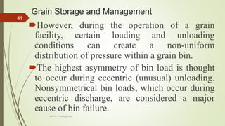 Grain Storage and Management
However, during the operation of a grain
facility, certain loading and unloading
conditions can create a non-uniform
distribution of pressure within a grain bin.
The highest asymmetry of bin load is thought
to occur during eccentric (unusual) unloading.
Nonsymmetrical bin loads, which occur during
eccentric discharge, are considered a major
cause of bin failure.
41
AASTU, Food Eng. Dept.
 