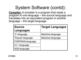 System Software (contd):
Source
Languages
Target Languages
‘C’ language Machine language
‘Pascal’ language Machine language
FORTRAN language
C++ language
ADA language
Compiler: A compiler is a program that reads a
program in one language – the source language and
translates into an equivalent program in another
language – the target language.
3/17/2024 28
 