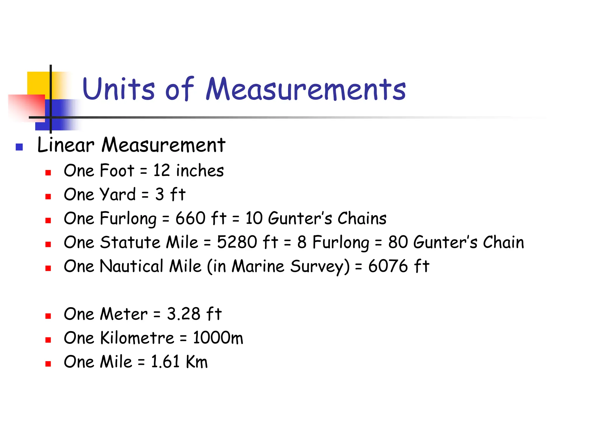 Units of Measurements
◼ Linear Measurement
◼ One Foot = 12 inches
◼ One Yard = 3 ft
◼ One Furlong = 660 ft = 10 Gunter’s Chains
◼ One Statute Mile = 5280 ft = 8 Furlong = 80 Gunter’s Chain
◼ One Nautical Mile (in Marine Survey) = 6076 ft
◼ One Meter = 3.28 ft
◼ One Kilometre = 1000m
◼ One Mile = 1.61 Km
 