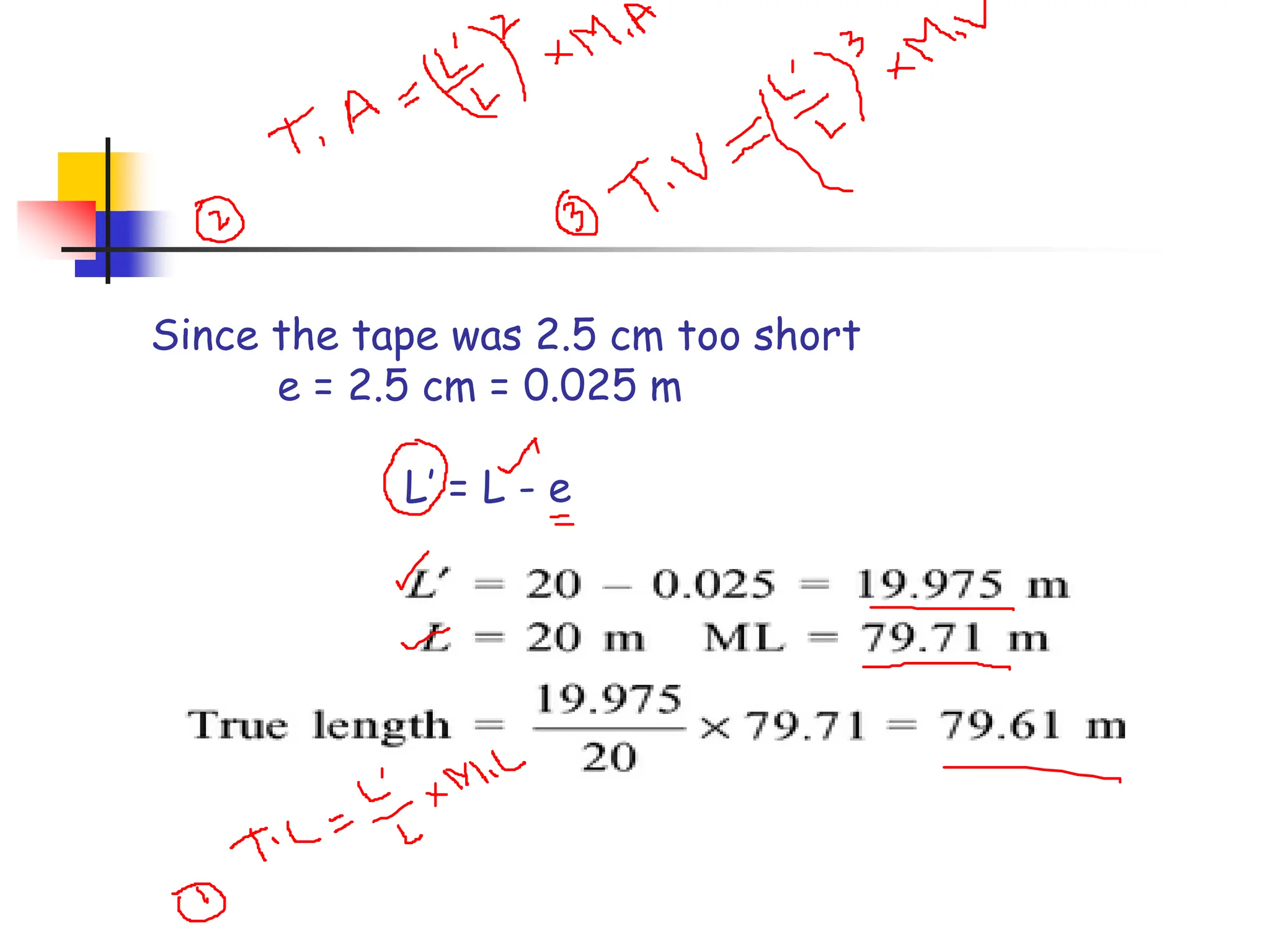 Since the tape was 2.5 cm too short
e = 2.5 cm = 0.025 m
L’ = L - e
 