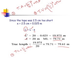 Since the tape was 2.5 cm too short
e = 2.5 cm = 0.025 m
L’ = L - e
 