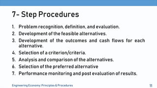 7- Step Procedures
1. Problem recognition, definition, and evaluation.
2. Development of the feasible alternatives.
3. Development of the outcomes and cash flows for each
alternative.
4. Selection of a criterion/criteria.
5. Analysis and comparison of the alternatives.
6. Selection of the preferred alternative
7. Performance monitoring and post evaluation of results.
Engineering Economy: Principles & Procedures 11
 