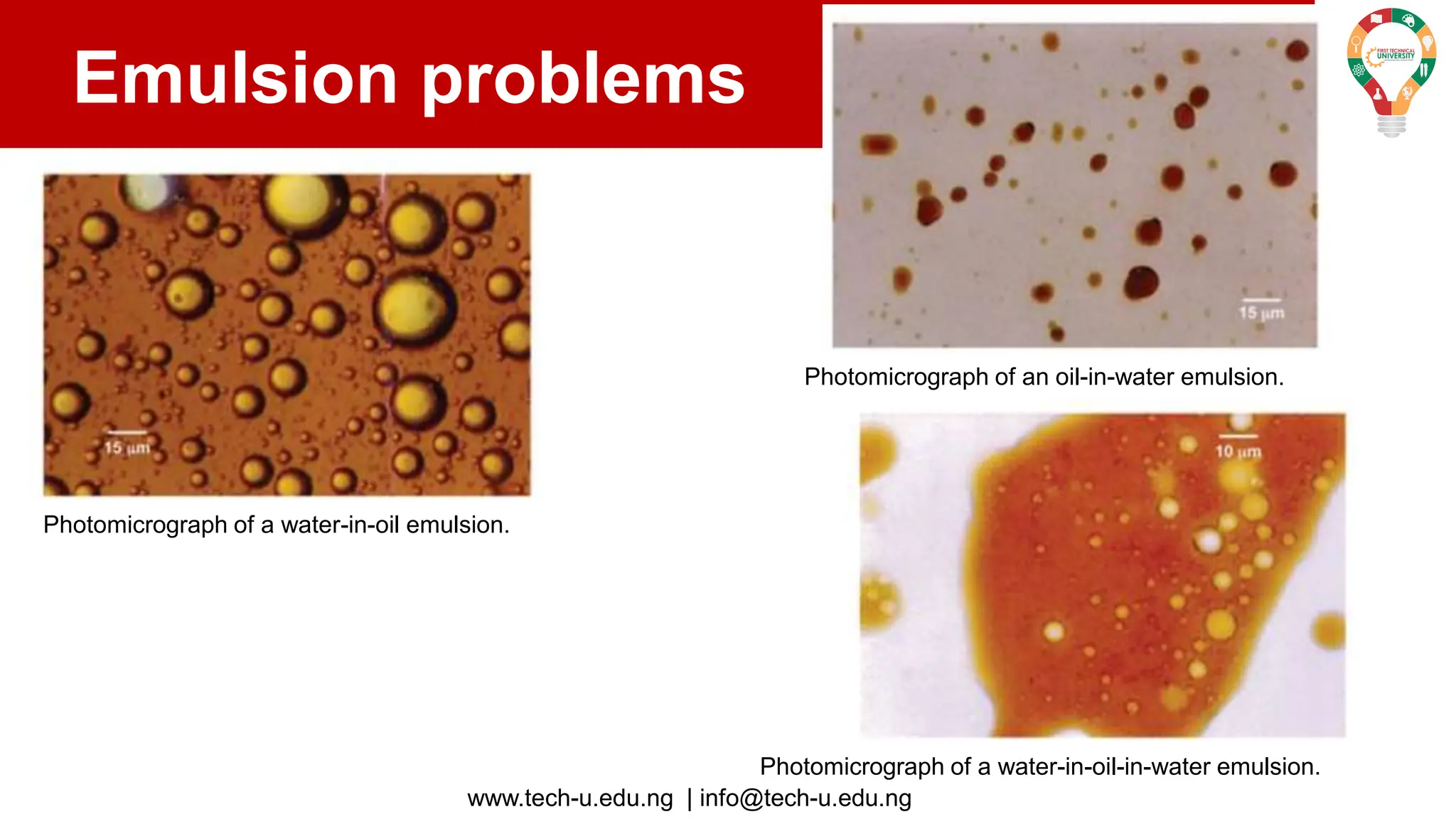 www.tech-u.edu.ng | info@tech-u.edu.ng
Emulsion problems
Photomicrograph of a water-in-oil emulsion.
Photomicrograph of an oil-in-water emulsion.
Photomicrograph of a water-in-oil-in-water emulsion.
 