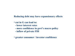 Reducing debt may have expansionary effects
• cut in G can lead to:
- lower interest rates
- more confidence in govt’s macro policy
- inflow of private FDI
• greater consumer / investor confidence
 