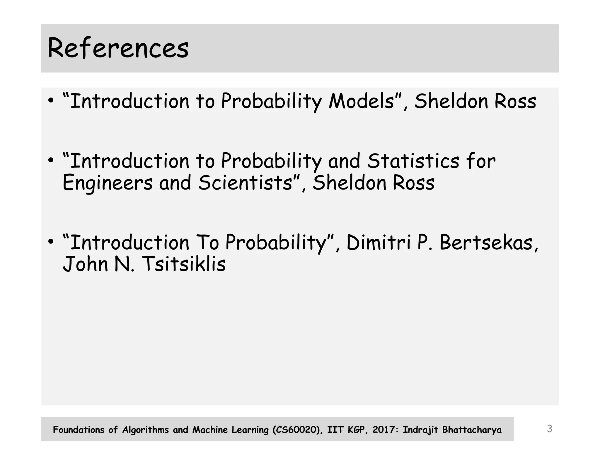 3
References
• “Introduction to Probability Models”, Sheldon Ross
• “Introduction to Probability and Statistics for
Engineers and Scientists”, Sheldon Ross
• “Introduction To Probability”, Dimitri P. Bertsekas,
John N. Tsitsiklis
Foundations of Algorithms and Machine Learning (CS60020), IIT KGP, 2017: Indrajit Bhattacharya
 