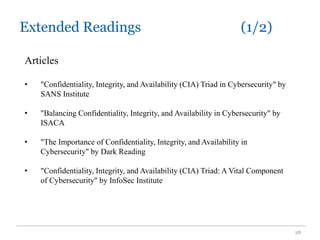 Extended Readings (1/2)
28
Articles
• "Confidentiality, Integrity, and Availability (CIA) Triad in Cybersecurity" by
SANS Institute
• "Balancing Confidentiality, Integrity, and Availability in Cybersecurity" by
ISACA
• "The Importance of Confidentiality, Integrity, and Availability in
Cybersecurity" by Dark Reading
• "Confidentiality, Integrity, and Availability (CIA) Triad: A Vital Component
of Cybersecurity" by InfoSec Institute
 