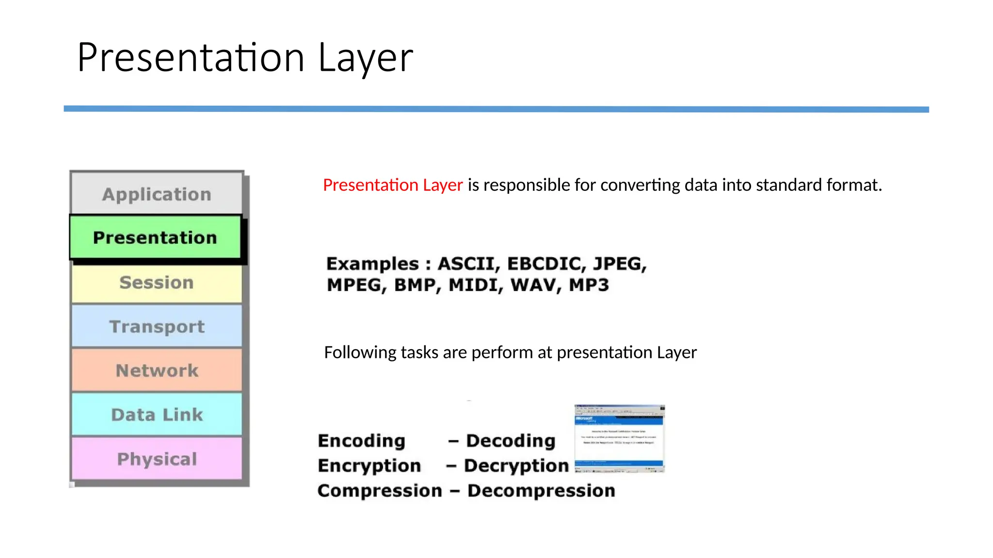 Presentation Layer
Presentation Layer is responsible for converting data into standard format.
Following tasks are perform at presentation Layer
 