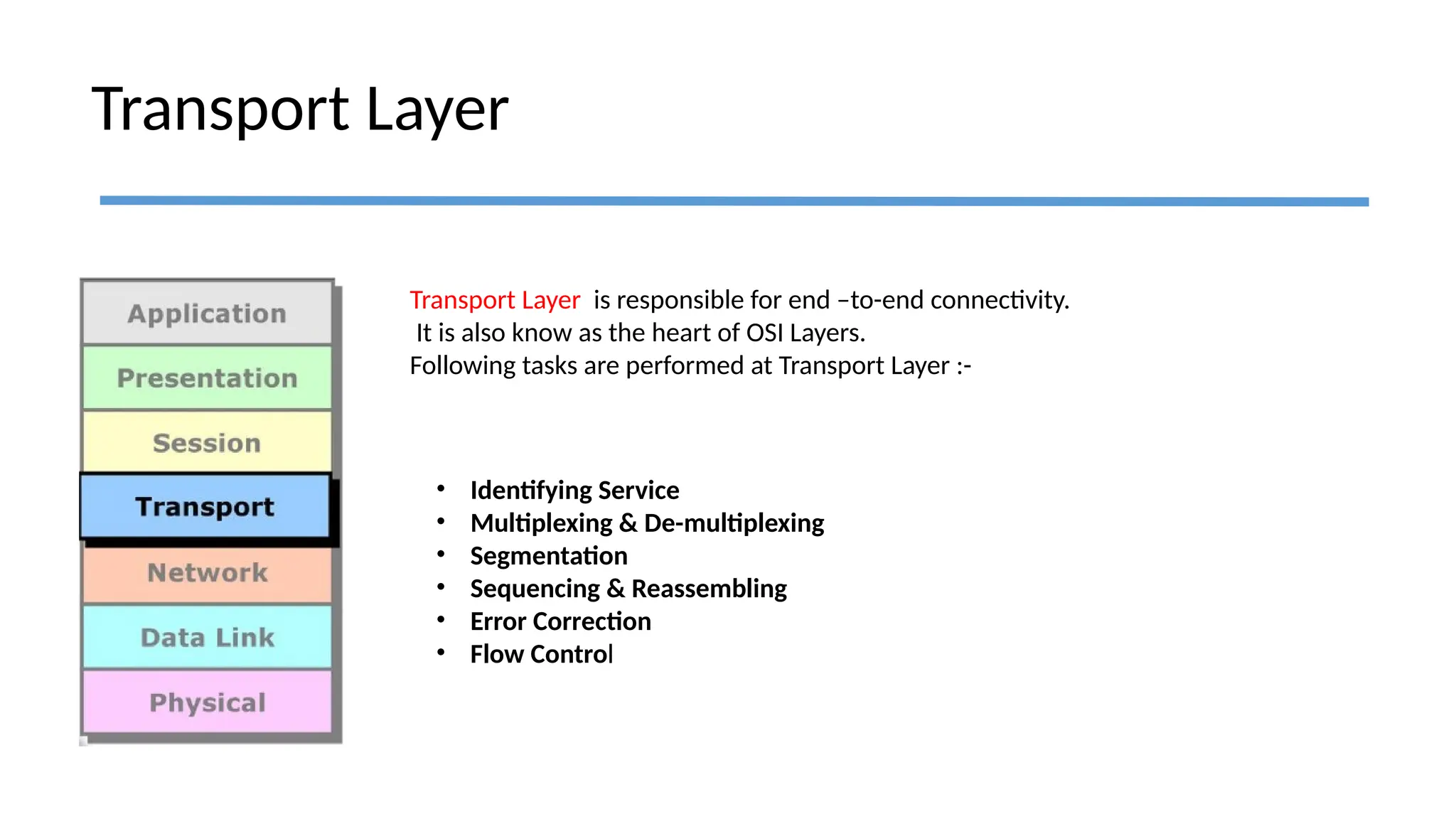 Transport Layer
Transport Layer is responsible for end –to-end connectivity.
It is also know as the heart of OSI Layers.
Following tasks are performed at Transport Layer :-
• Identifying Service
• Multiplexing & De-multiplexing
• Segmentation
• Sequencing & Reassembling
• Error Correction
• Flow Control
 