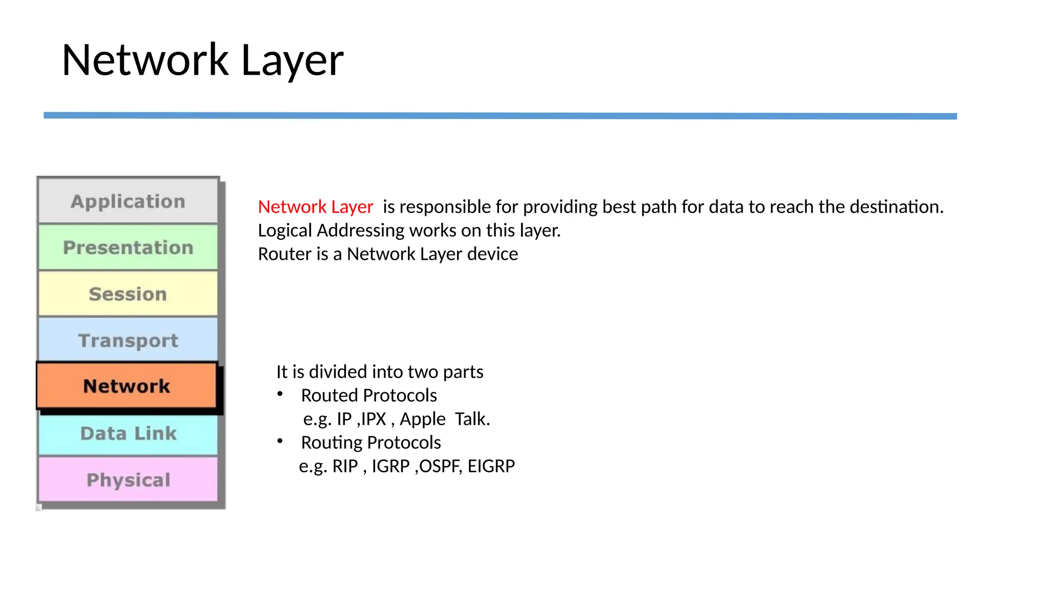 Network Layer
Network Layer is responsible for providing best path for data to reach the destination.
Logical Addressing works on this layer.
Router is a Network Layer device
It is divided into two parts
• Routed Protocols
e.g. IP ,IPX , Apple Talk.
• Routing Protocols
e.g. RIP , IGRP ,OSPF, EIGRP
 