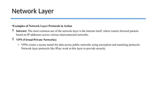 •Examples of Network Layer Protocols in Action
 Internet: The most common use of the network layer is the internet itself, where routers forward packets
based on IP addresses across various interconnected networks.
 VPN (Virtual Private Networks):
o VPNs create a secure tunnel for data across public networks using encryption and tunneling protocols.
Network layer protocols like IPsec work at this layer to provide security.
Network Layer
 