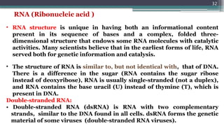 32
• RNA structure is unique in having both an informational content
present in its sequence of bases and a complex, folded three-
dimensional structure that endows some RNA molecules with catalytic
activities. Many scientists believe that in the earliest forms of life, RNA
served both for genetic information and catalysis.
• The structure of RNA is similar to, but not identical with, that of DNA.
There is a difference in the sugar (RNA contains the sugar ribose
instead of deoxyribose), RNA is usually single-stranded (not a duplex),
and RNA contains the base uracil (U) instead of thymine (T), which is
present in DNA.
Double-stranded RNA:
• Double-stranded RNA (dsRNA) is RNA with two complementary
strands, similar to the DNA found in all cells. dsRNA forms the genetic
material of some viruses (double-stranded RNA viruses).
RNA (Ribonucleic acid )
 
