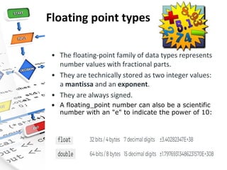 Floating point types
• The floating-point family of data types represents
number values with fractional parts.
• They are technically stored as two integer values:
a mantissa and an exponent.
• They are always signed.
• A floating_point number can also be a scientific
number with an "e" to indicate the power of 10:
 