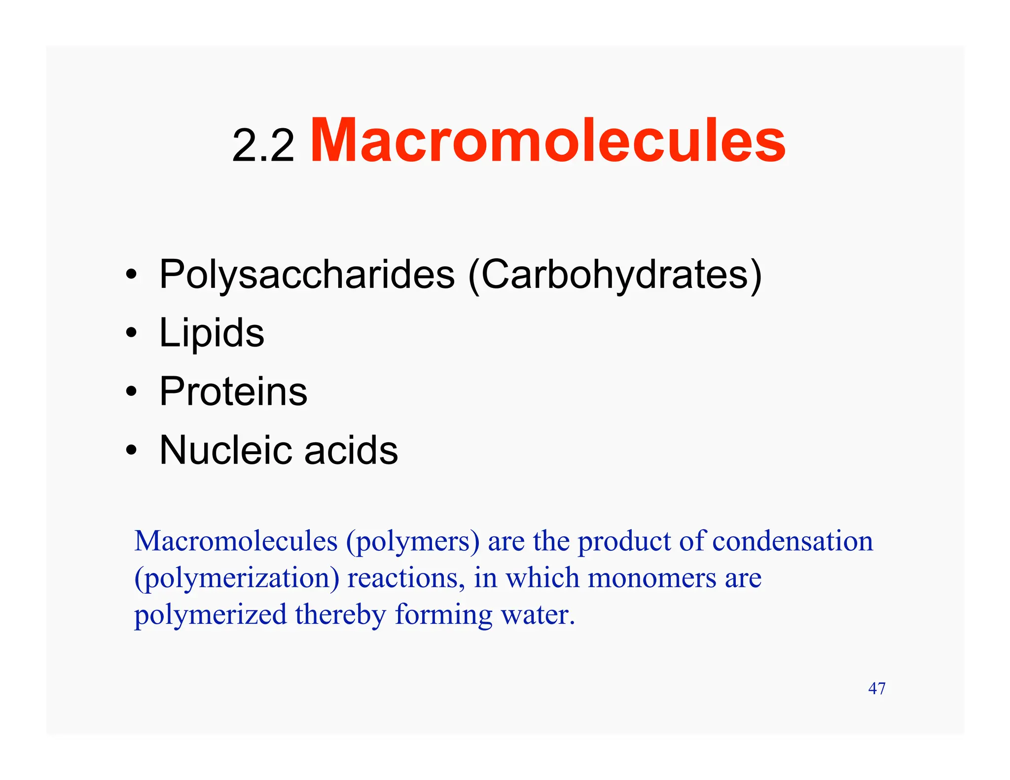 47
2.2 Macromolecules
• Polysaccharides (Carbohydrates)
• Lipids
• Proteins
• Nucleic acids
Macromolecules (polymers) are the product of condensation
(polymerization) reactions, in which monomers are
polymerized thereby forming water.
 