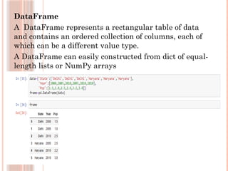 DataFrame
A DataFrame represents a rectangular table of data
and contains an ordered collection of columns, each of
which can be a different value type.
A DataFrame can easily constructed from dict of equal-
length lists or NumPy arrays
 