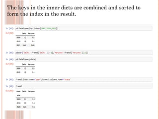 The keys in the inner dicts are combined and sorted to
form the index in the result.
 
