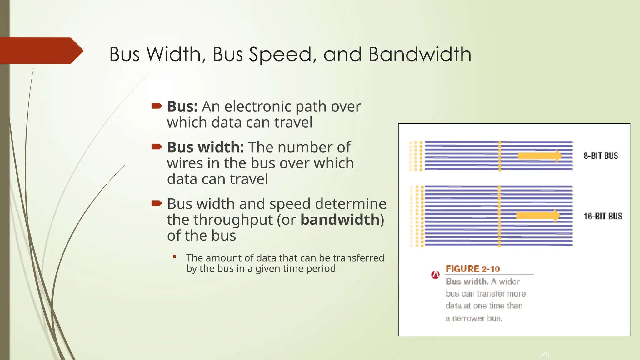 25
Bus Width, Bus Speed, and Bandwidth
 Bus: An electronic path over
which data can travel
 Bus width: The number of
wires in the bus over which
data can travel
 Bus width and speed determine
the throughput (or bandwidth)
of the bus
 The amount of data that can be transferred
by the bus in a given time period
 