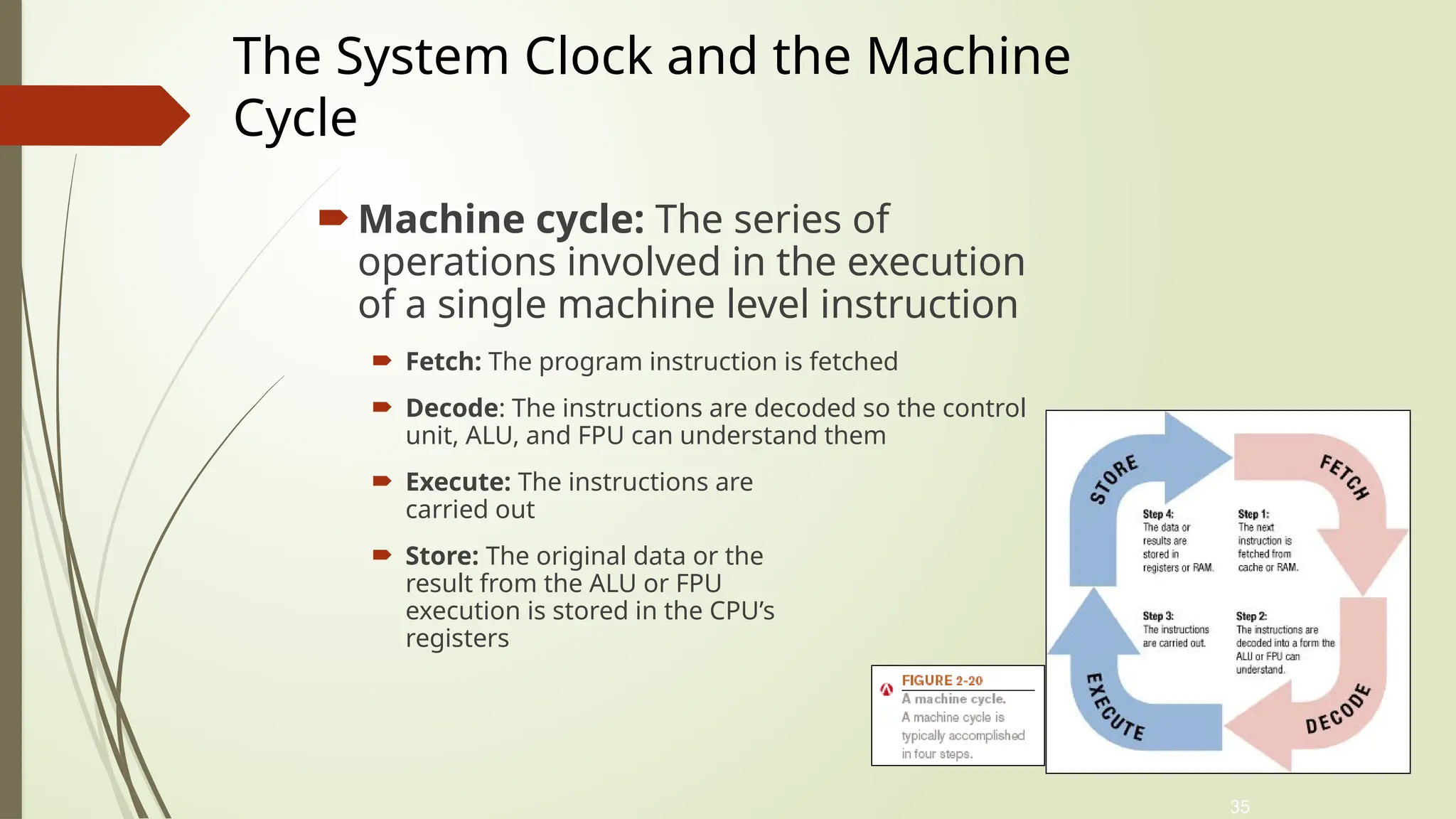 35
 Machine cycle: The series of
operations involved in the execution
of a single machine level instruction
 Fetch: The program instruction is fetched
 Decode: The instructions are decoded so the control
unit, ALU, and FPU can understand them
 Execute: The instructions are
carried out
 Store: The original data or the
result from the ALU or FPU
execution is stored in the CPU’s
registers
The System Clock and the Machine
Cycle
 