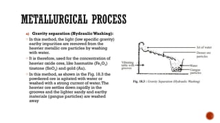 METALLURGICAL PROCESS
a) Gravity separation (HydraulicWashing):
o In this method, the light (low specific gravity)
earthy impurities are removed from the
heavier metallic ore particles by washing
with water.
o It is therefore, used for the concentration of
heavier oxide ores, like haematite (Fe2O3)
tinstone (SnO2) and gold (Au).
o In this method, as shown in the Fig. 18.3 the
powdered ore is agitated with water or
washed with a strong current of water.The
heavier ore settles down rapidly in the
grooves and the lighter sandy and earthy
materials (gangue particles) are washed
away
 