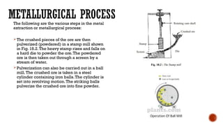METALLURGICAL PROCESS
The following are the various steps in the metal
extraction or metallurgical process:
The crushed pieces of the ore are then
pulverized (powdered) in a stamp mill shown
in Fig. 18.2.The heavy stamp rises and falls on
a hard die to powder the ore.The powdered
ore is then taken out through a screen by a
stream of water.
Pulverization can also be carried out in a ball
mill.The crushed ore is taken in a steel
cylinder containing iron balls.The cylinder is
set into revolving motion.The striking balls
pulverize the crushed ore into fine powder.
 