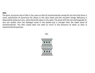 Illite
The basic structural unit of illite is the same as that of montmorillonite except for the fact that there is
some substitution of aluminium for silicon in the silica sheet and the resultant charge deficiency is
balanced by potassium ions. which bond the layers in the stack. The bond with the non-exchangeable K+
ions are weaker than the hydrogen bond in the Kaolite but is stronger than the water bond of
montmorillonite. The illite crystal does not swell so much in the presence of water as does in
montmorillonite particles.
 
