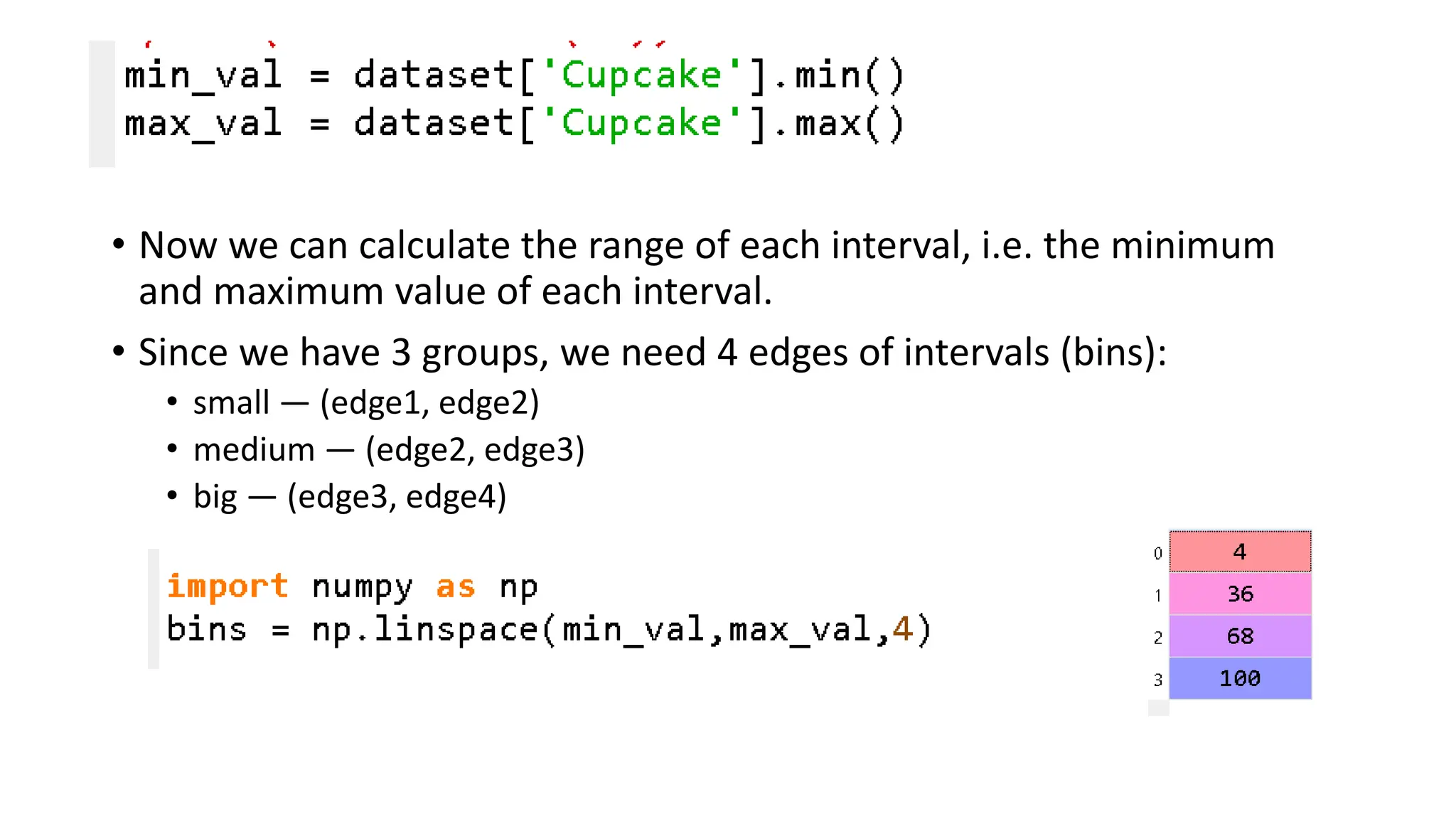 • Now we can calculate the range of each interval, i.e. the minimum and maximum value of each interval. • Since we have 3 groups, we need 4 edges of intervals (bins): • small — (edge1, edge2) • medium — (edge2, edge3) • big — (edge3, edge4) 