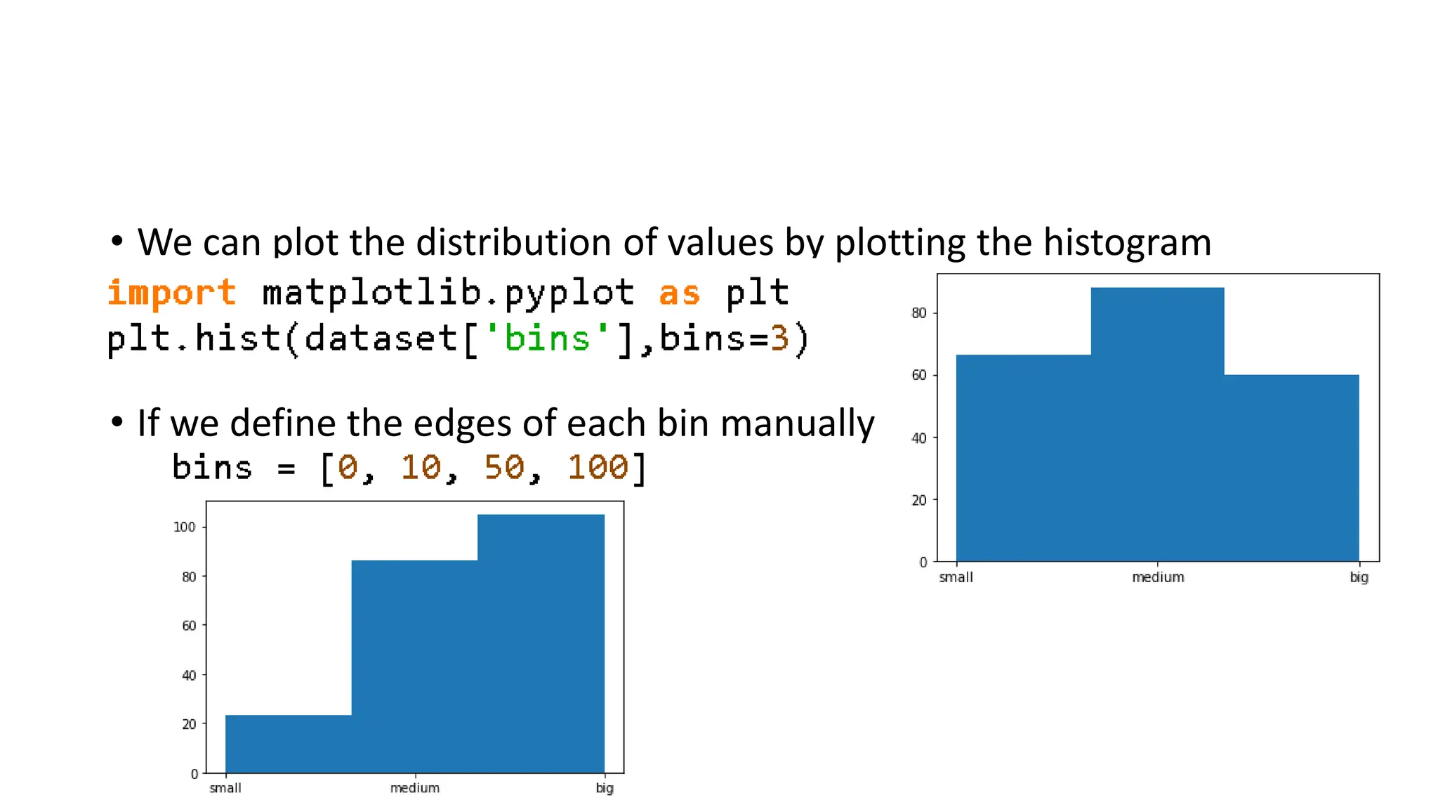 • We can plot the distribution of values by plotting the histogram • If we define the edges of each bin manually 