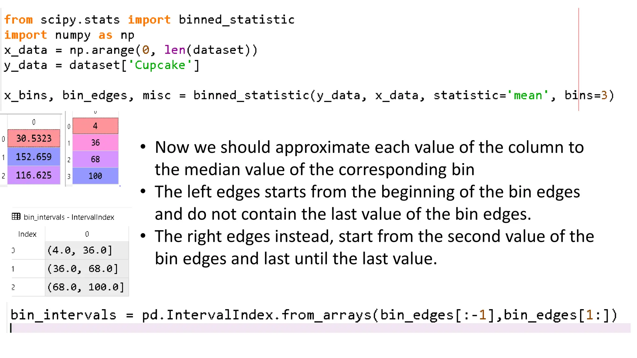 • Now we should approximate each value of the column to the median value of the corresponding bin • The left edges starts from the beginning of the bin edges and do not contain the last value of the bin edges. • The right edges instead, start from the second value of the bin edges and last until the last value. 