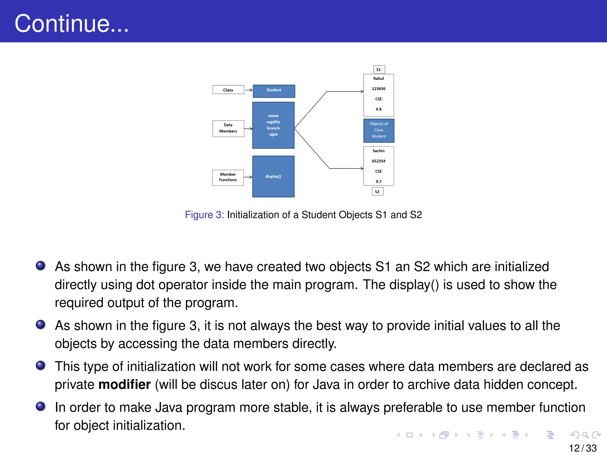 Continue...
Figure 3: Initialization of a Student Objects S1 and S2
As shown in the figure 3, we have created two objects S1 an S2 which are initialized
directly using dot operator inside the main program. The display() is used to show the
required output of the program.
As shown in the figure 3, it is not always the best way to provide initial values to all the
objects by accessing the data members directly.
This type of initialization will not work for some cases where data members are declared as
private modifier (will be discus later on) for Java in order to archive data hidden concept.
In order to make Java program more stable, it is always preferable to use member function
for object initialization.
12 / 33
 