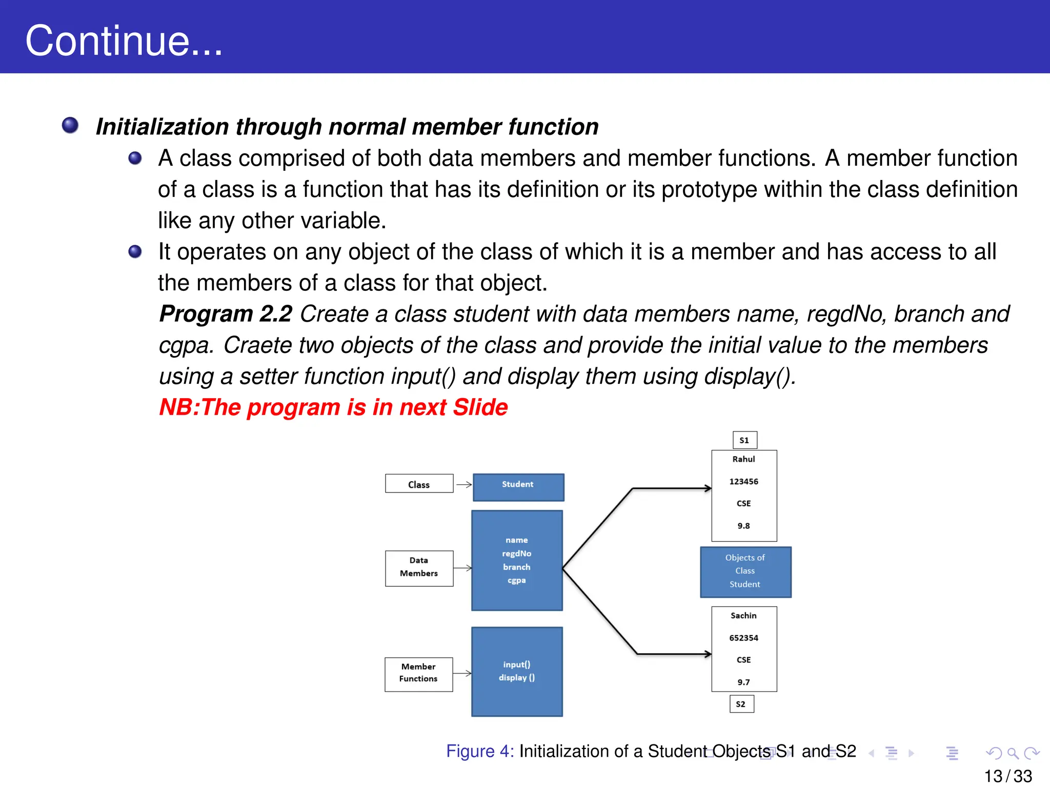 Continue...
Initialization through normal member function
A class comprised of both data members and member functions. A member function
of a class is a function that has its definition or its prototype within the class definition
like any other variable.
It operates on any object of the class of which it is a member and has access to all
the members of a class for that object.
Program 2.2 Create a class student with data members name, regdNo, branch and
cgpa. Craete two objects of the class and provide the initial value to the members
using a setter function input() and display them using display().
NB:The program is in next Slide
Figure 4: Initialization of a Student Objects S1 and S2
13 / 33
 