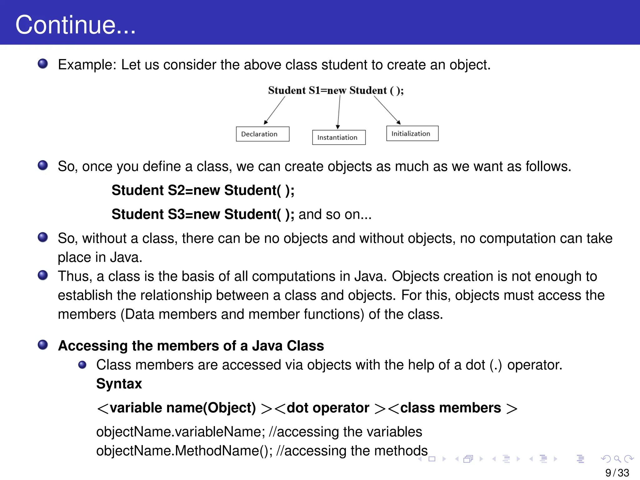Continue...
Example: Let us consider the above class student to create an object.
So, once you define a class, we can create objects as much as we want as follows.
Student S2=new Student( );
Student S3=new Student( ); and so on...
So, without a class, there can be no objects and without objects, no computation can take
place in Java.
Thus, a class is the basis of all computations in Java. Objects creation is not enough to
establish the relationship between a class and objects. For this, objects must access the
members (Data members and member functions) of the class.
Accessing the members of a Java Class
Class members are accessed via objects with the help of a dot (.) operator.
Syntax
<variable name(Object) ><dot operator ><class members >
objectName.variableName; //accessing the variables
objectName.MethodName(); //accessing the methods
9 / 33
 