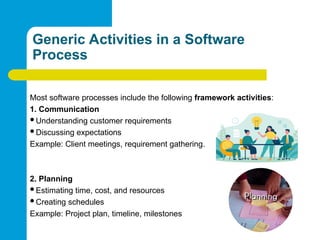 Generic Activities in a Software
Process
Most software processes include the following framework activities:
1. Communication
Understanding customer requirements
Discussing expectations
Example: Client meetings, requirement gathering.
2. Planning
Estimating time, cost, and resources
Creating schedules
Example: Project plan, timeline, milestones
 