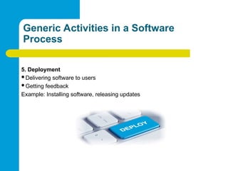 Generic Activities in a Software
Process
5. Deployment
Delivering software to users
Getting feedback
Example: Installing software, releasing updates
 