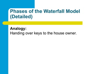 Phases of the Waterfall Model
(Detailed)
Analogy:
Handing over keys to the house owner.
 
