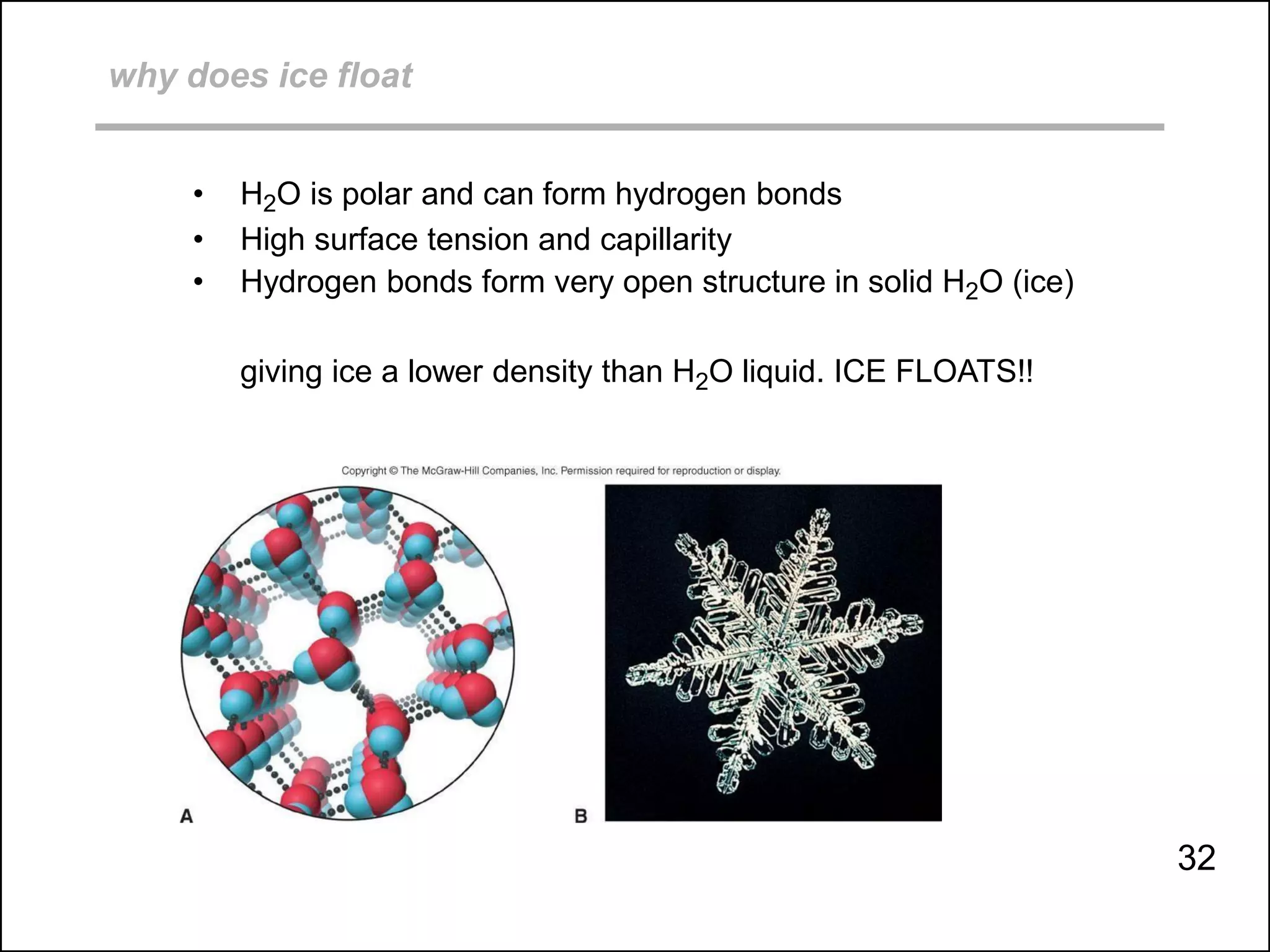 giving ice a lower density than H2O liquid. ICE FLOATS!!
why does ice float
• H2O is polar and can form hydrogen bonds
• High surface tension and capillarity
• Hydrogen bonds form very open structure in solid H2O (ice)
32
 