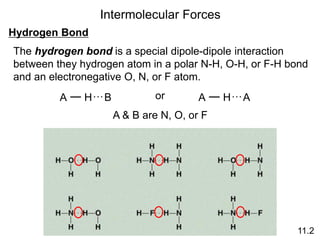 Intermolecular Forces
Hydrogen Bond
11.2
The hydrogen bond is a special dipole-dipole interaction
between they hydrogen atom in a polar N-H, O-H, or F-H bond
and an electronegative O, N, or F atom.
A H…B A H…A
or
A & B are N, O, or F
 