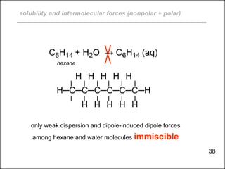 solubility and intermolecular forces (nonpolar + polar)
C6H14 + H2O → C6H14 (aq)
hexane
H H H H H
H─C─C─C─C─C─C─H
H H H H H
only weak dispersion and dipole-induced dipole forces
among hexane and water molecules immiscible
38
 