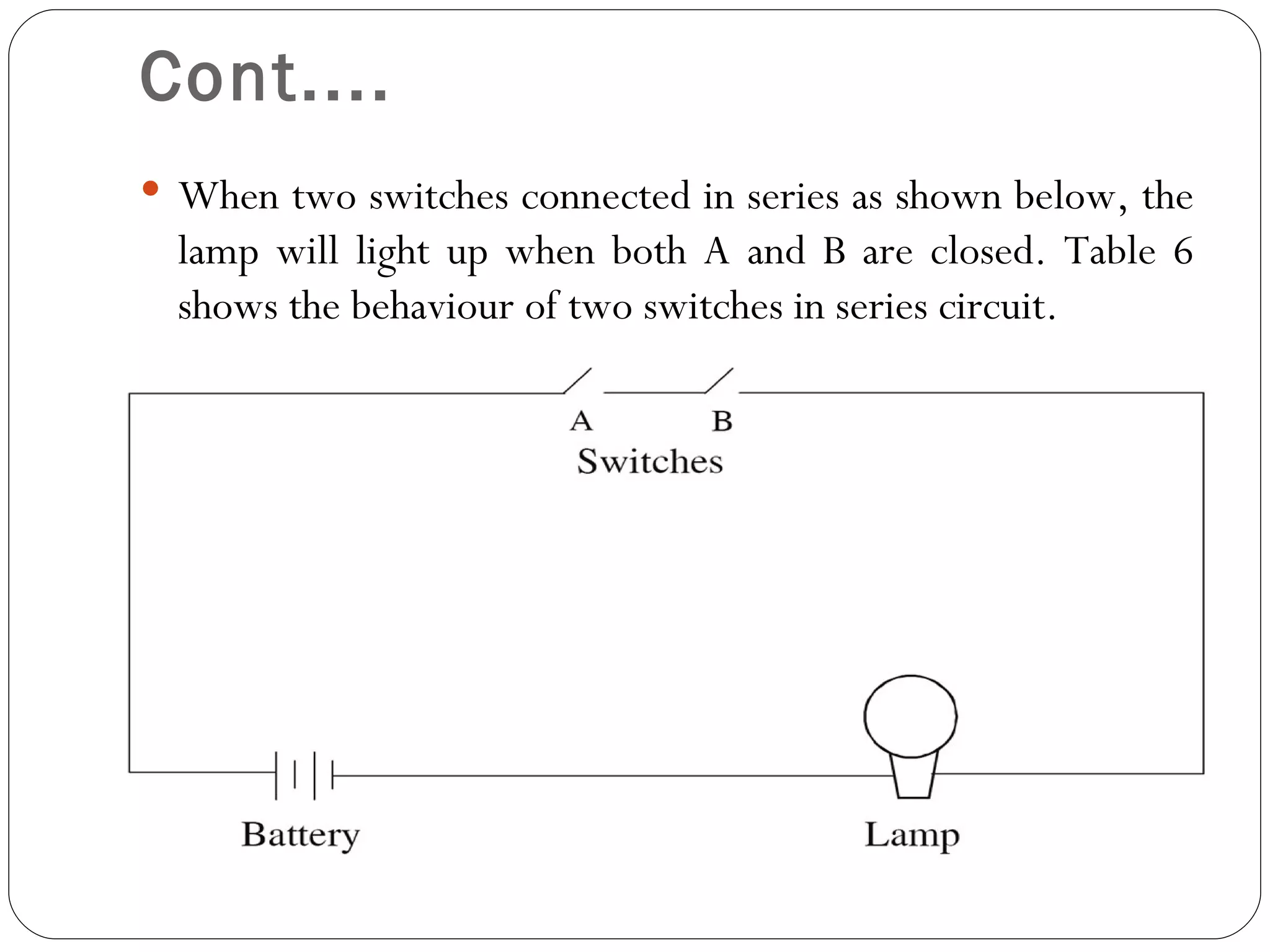 Cont....
 When two switches connected in series as shown below, the
  lamp will light up when both A and B are closed. Table 6
  shows the behaviour of two switches in series circuit.
 
