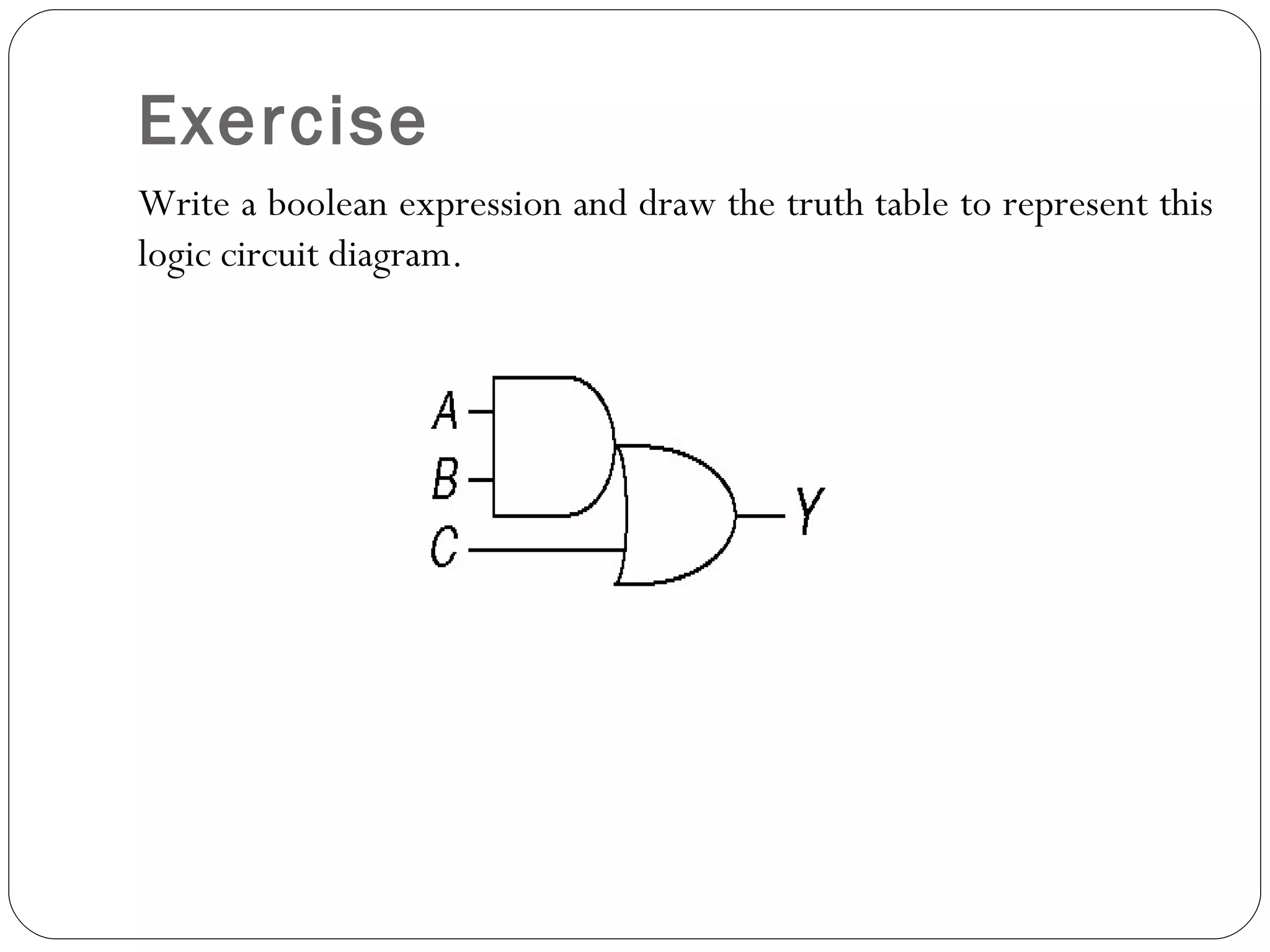 Exercise
Write a boolean expression and draw the truth table to represent this
logic circuit diagram.
 