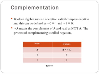 Complementation
 Boolean algebra uses an operation called complementation
  and this can be defined as ~0 = 1 and ~1 = 0.
 ~A means the complement of A and read as NOT A. The
  process of complementing is called negation,

                 Input                Output

                  A                   B=~A

                   0                    1

                   1                    0

                         Table 4
 