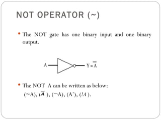 NOT OPERATOR (~)
 The NOT gate has one binary input and one binary
 output.




 The NOT A can be written as below:
  (~A), ( ), (¬A), (A’), (!A ).
 