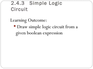 2.4.3 Simple Logic
Circuit

Learning Outcome:
  Draw simple logic circuit from a
  given boolean expression
 