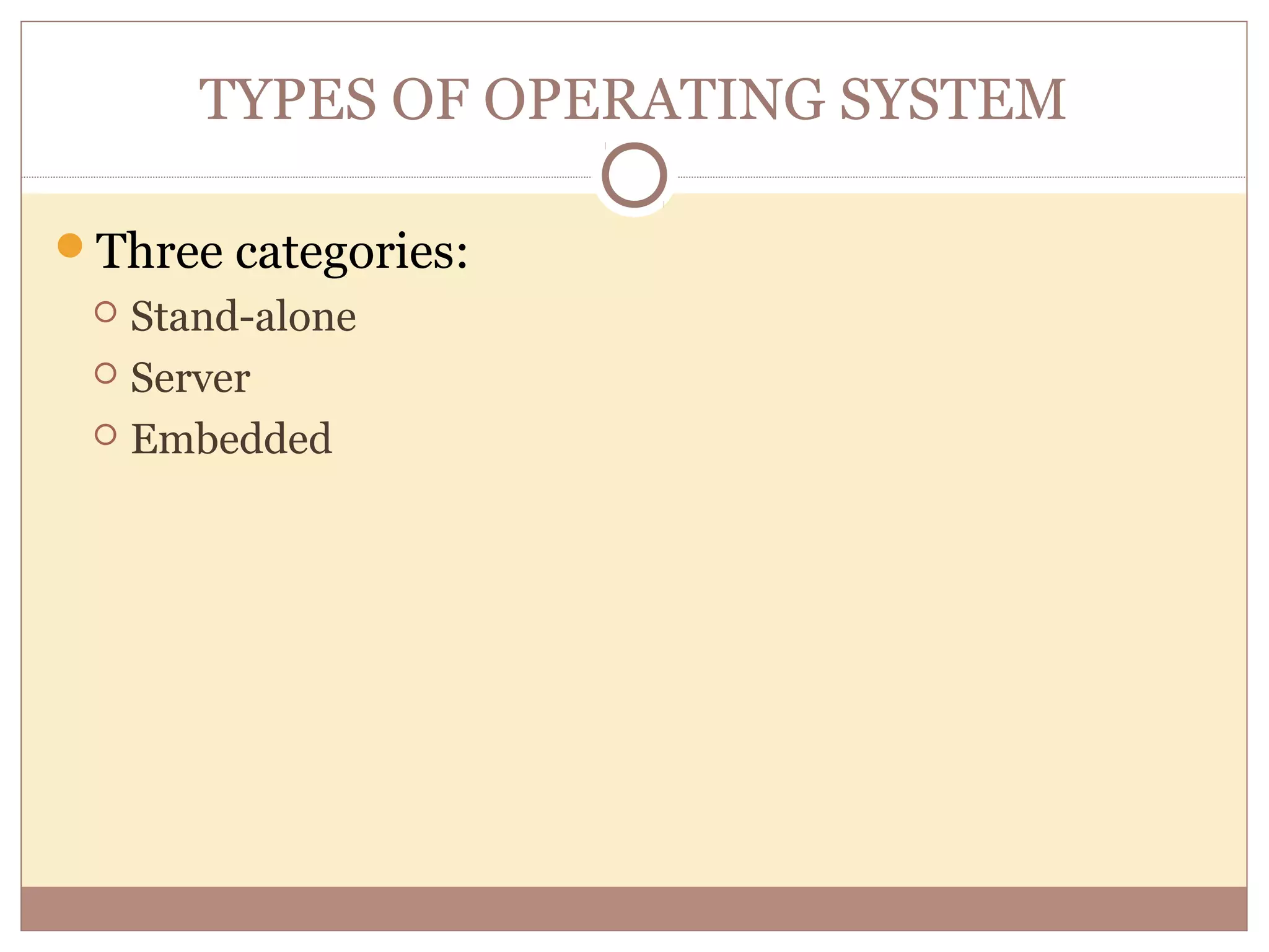 TYPES OF OPERATING SYSTEM

Three categories:
  Stand-alone
  Server

  Embedded
 