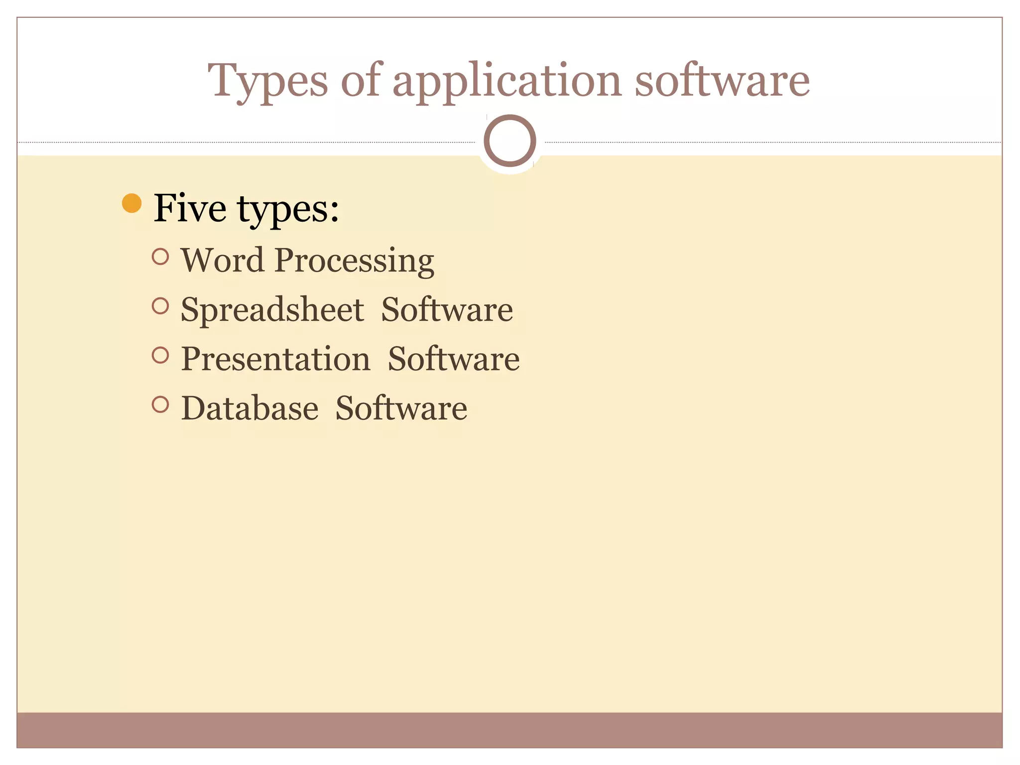 Types of application software

Five types:
  Word Processing
  Spreadsheet Software

  Presentation Software

  Database Software
 
