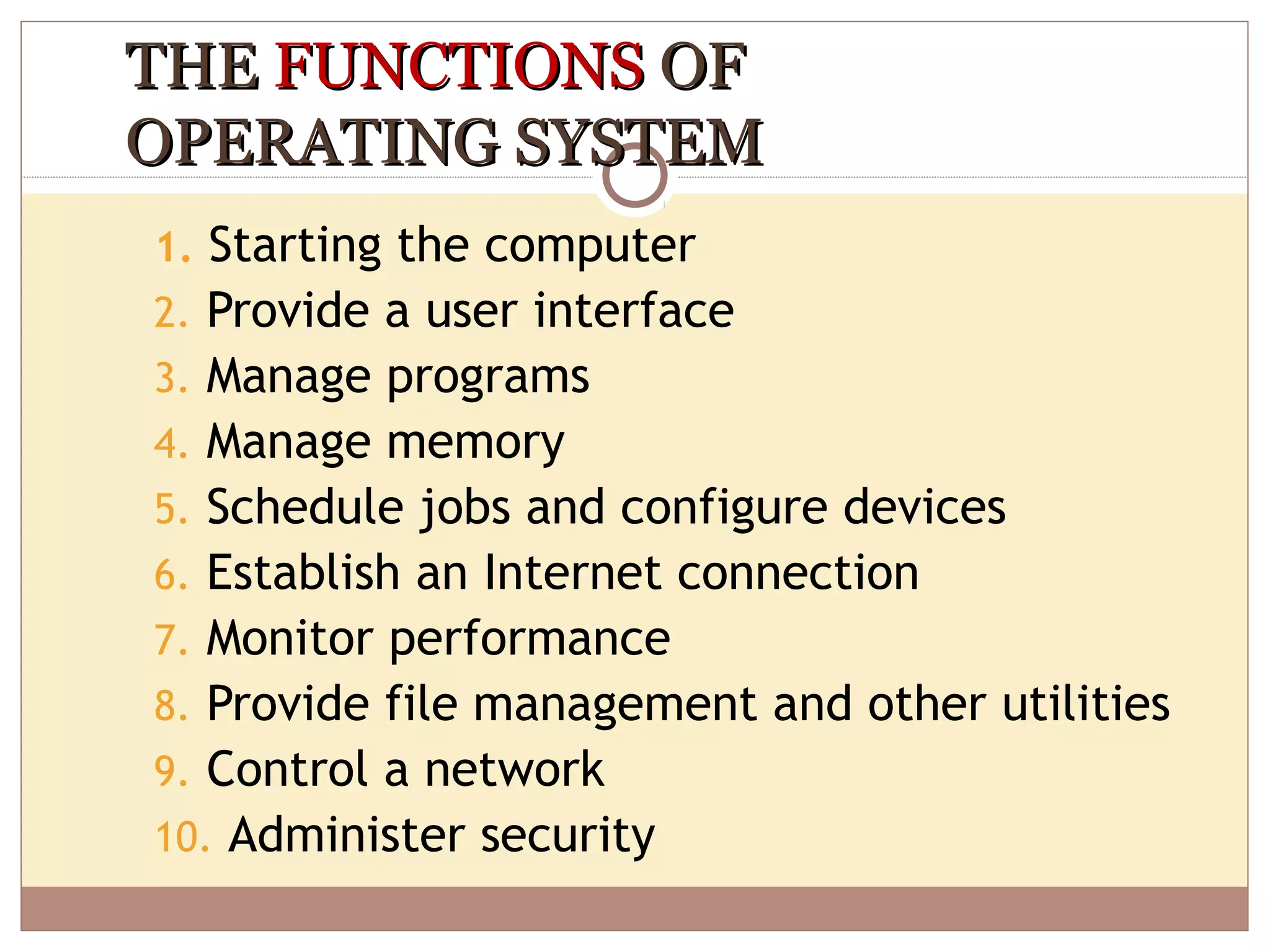 THE FUNCTIONS OF
OPERATING SYSTEM
1. Starting the computer
2. Provide a user interface
3. Manage programs
4. Manage memory
5. Schedule jobs and configure devices
6. Establish an Internet connection
7. Monitor performance
8. Provide file management and other utilities
9. Control a network
10. Administer security
 