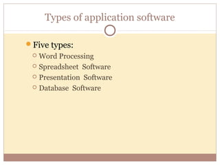 Types of application software

Five types:
  Word Processing
  Spreadsheet Software

  Presentation Software

  Database Software
 