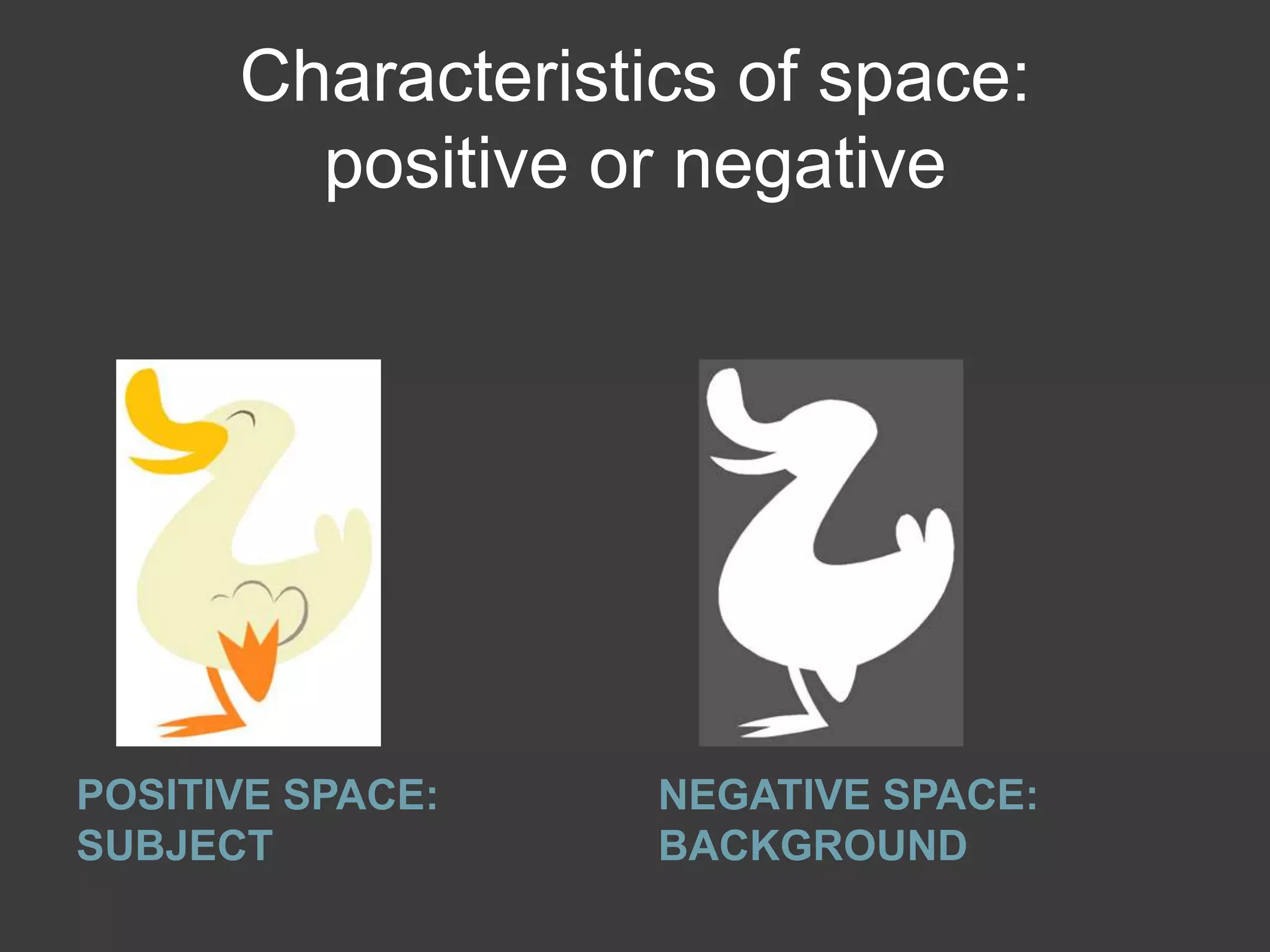 Characteristics of space:
positive or negative
POSITIVE SPACE:
SUBJECT
NEGATIVE SPACE:
BACKGROUND
 